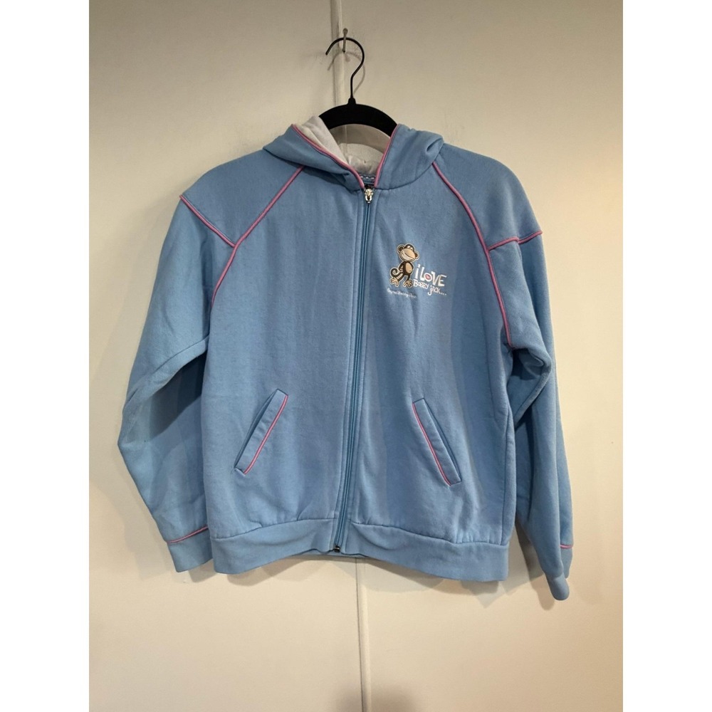 VTG Bobby Jack Hoodie Girls XL Blue Fleece Full Zip Monkey Graphic Jacket Pink